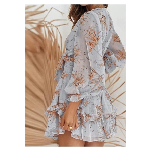 Blue floral chiffon long sleeve smocked waist tie bust tiered ruffle mini dress - Picture 2 of 8